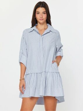 Pinstriped Rhinestone Mini Shirt Dress